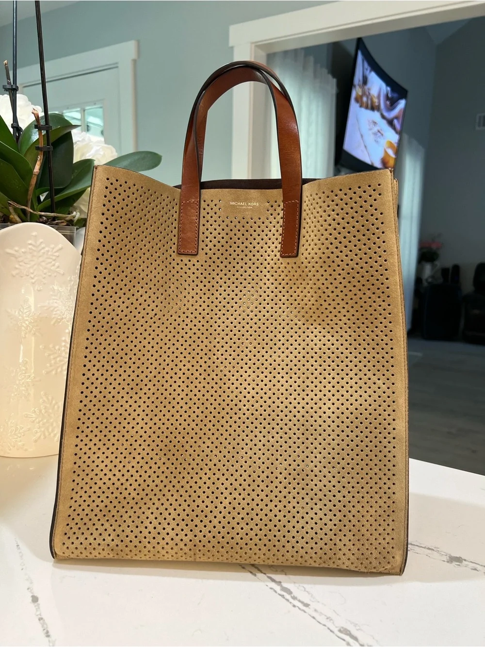 Michael Kors Collection Perforated Suede Tote in Tan with Brown Leather Handles
